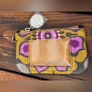 Spartina Flat wallet card and coin  with Wristlet pink green orange design